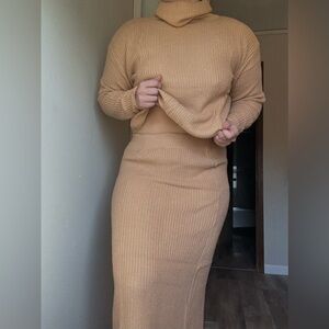 Cozy Tan Turtleneck Sweater Skirt Set